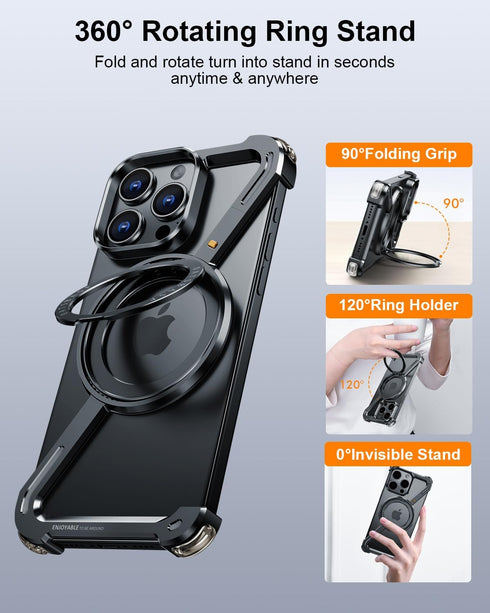 Z Case for iPhone 15 Pro, Frameless with Magsafe Kickstand, 360° Rotatable Magnetic Stand - Black