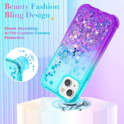 Ruky Glitter Liquid Full Body Case for iPhone 13 & 14, 6.1”, Teal Purple, Rugged, Shockproof, Built-in Screen Protector.