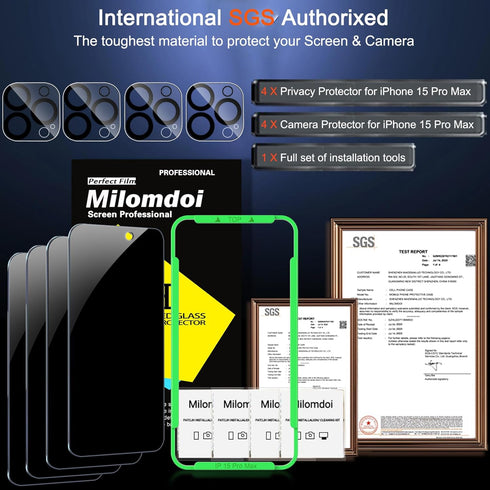 Milomdoi 4 Pack Privacy Screen Protector for iPhone 15 Pro Max, 9H Tempered Glass Camera Lens Protectors, Case Friendly.