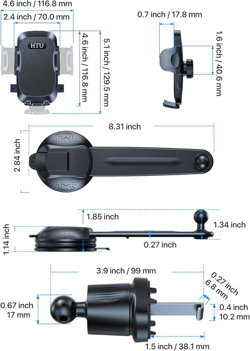 HTU 17 16 15 14 13 12 Upgraded Strongest Suction Car Phone Holder Bendable Arm, Never Block View Rotatable Cellphone