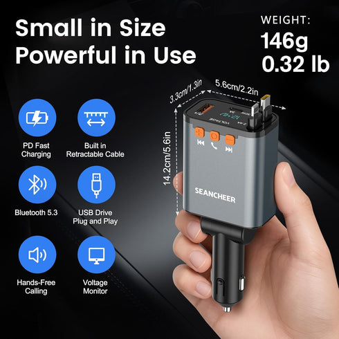 SEANCHEER 69W 2 5.3 Call,MP3 Car Bluetooth Adapter & Car Charger USB C, Cigarette Lighter Adapter with Retractable