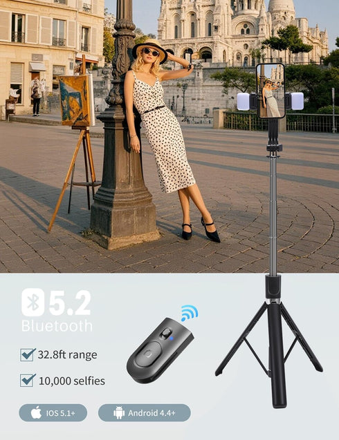 RRNNWW Stand,67 inch Portable Phone Selfie Stick with Remote and Dual Light Compatible for iPhone Android