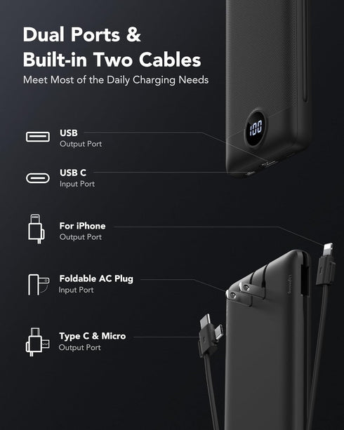 VRURC Portable Charger with Wall Plug, 10000mAh Slim Power Bank with Built-in Cables, PD 20W Fast Charging
