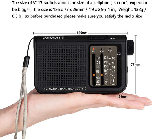 Retekess V117 Portable Radios - AM FM Shortwave Radio with Clear Dial, Best Reception for Seniors (Black)