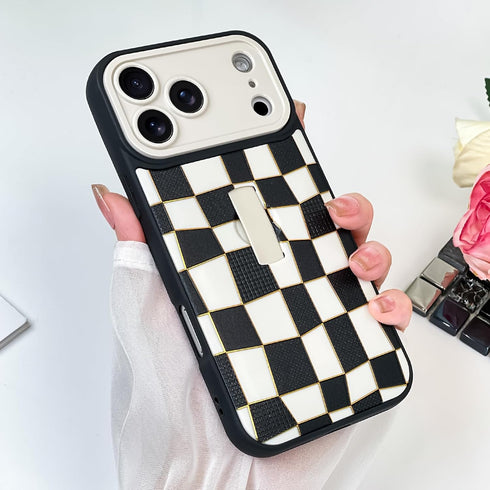 SOKAD 3D 17 Checkered Phone Case for iPhone Pro Max with Finger Strap Kickstand, Cute Checkerboard Design with Finger