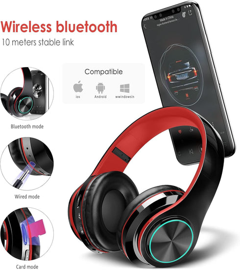 2022 Wireless Bluetooth Headphones,Colorful LED Lights Comfort Over Ear Foldable Headset with Built-in Microphone,FM,SD Card Slot,Wired for School/Tablet Computer/PC/TV/Cellphones/Travel