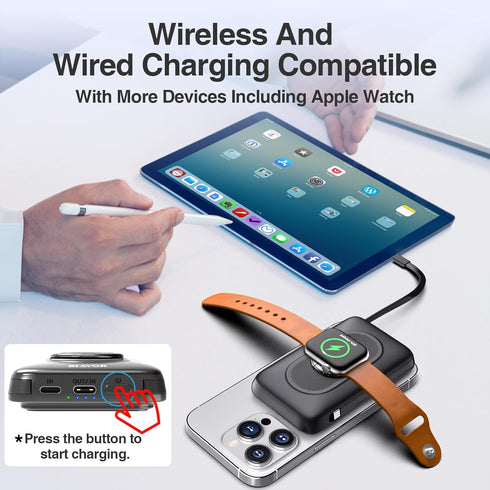 BLAVOR 10000mAh Magsafe Portable Charger, Magnetic Wireless Power Bank with Built-in Cables and iWatch Charger, Fast