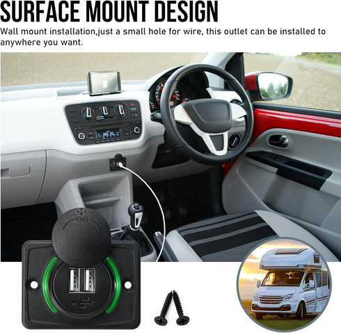 12V RV USB Charger, Quick Charger 3.0 Wall Mount USB Charging Station with Green Indicator Light and Cap for Car Camper Boat Marine SUV ATV (Black A74)