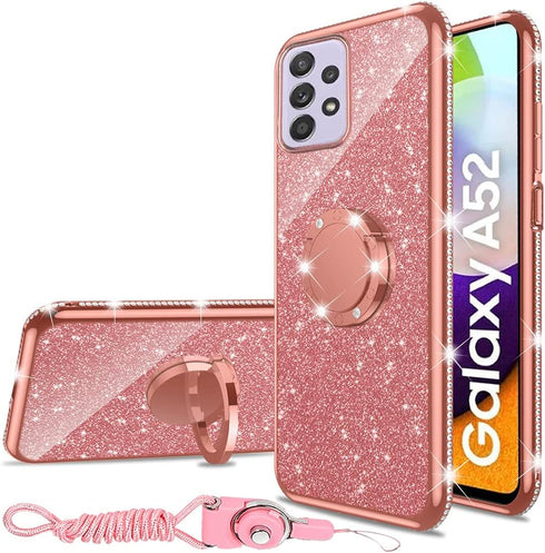 Samsung Galaxy A52 5G Case by nancheng, Cute Slim TPU Silicone with Kickstand, Bling Diamond Ring & Strap (Rose Gold)