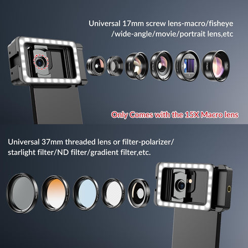 MIAO LAB 15X 15X 17mm 15/15Pro/15Pro Phone Macro Lens with LED Fill Light, Macro Lens + Thread Lens Adapter for iPhone