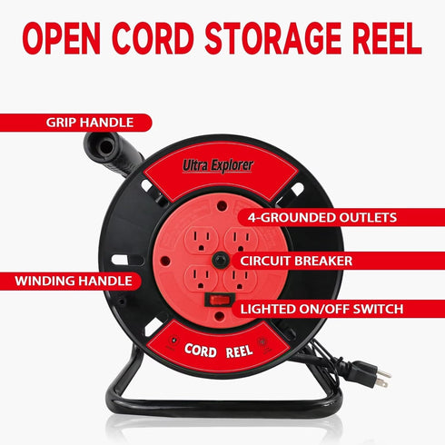 Extension Cord Storage Reel with 4-Grounded Outlets - Heavy Duty Open Cord Reel for 12/3 14/3 16/3 Power Cords