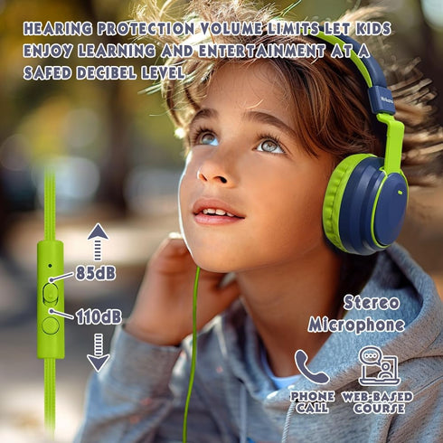 Kids Headphones, Volume Limited 85/96dB Wired Over-Ear/On-Ear Foldable Headset with Mic for School, PC, Tablet (Deep