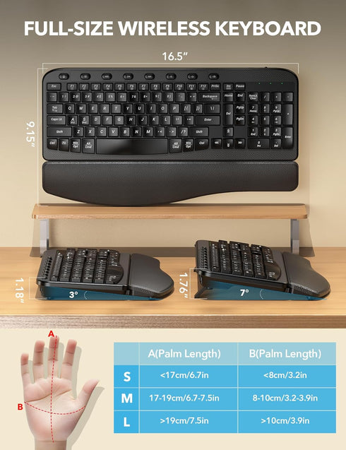SABLUTE 2.4GHz Wireless Keyboard, Ergonomic Wave Keyboards with Cushioned Wrist Rest, USB Computer Wave Key Board