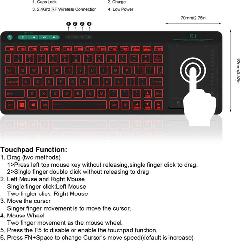 Rii K18 Plus Wireless Multimedia Keyboard, 3-LED Color Backlit with Multi-Touch Big Size Trackpad, Rechargeable for