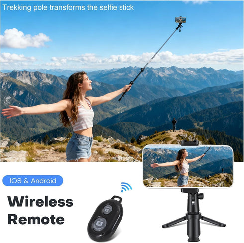 QIYUANCHUANG Phone Stand Tripod with Wireless Remote - Lightweight Adjustable Phone Holder for iPhone Samsung, Desk Bed