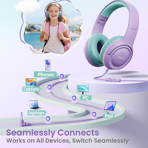 85/94dB 3.5mm Headset HK03 acer Kids Headphones - Over-Ear Volume Limiter, Jack Foldable Stereo Sound for Toddlers