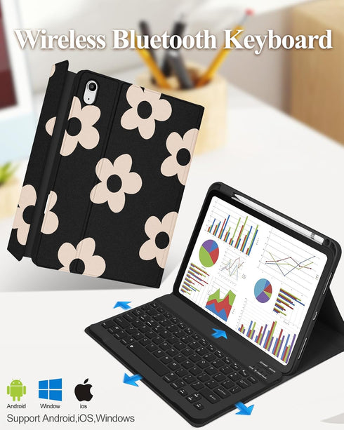 iPad 10th Generation Case with Keyboard, Pencil Holder, 10.9 Inch Folio Cover, Cute Girly Design (Black Flower)