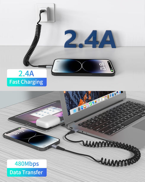 Coiled Lightning Cable, 2 Pack Coiled iPhone Charger Cable for Car Compatible with iPhone 14 13 12 11 Pro Max