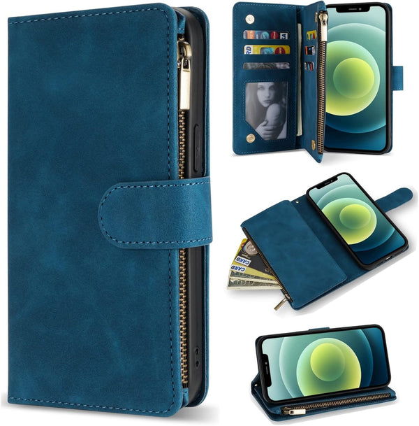 ZZXX for iPhone 12 Mini Wallet Case, Premium Soft PU Leather Zipper Flip Folio with Card Slot, Wrist Strap, Kickstand