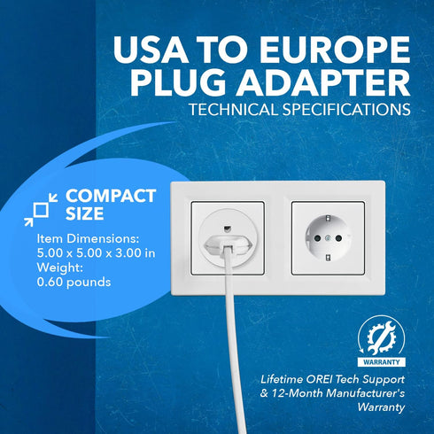 OREI American USA To European Plug Adapter, Type E/F Schuko, 12 Pack for Mobile, Laptop & Camera Chargers