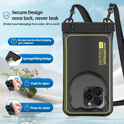 IP68 Floating Waterproof Phone Case for iPhone 15 14 13 Pro Max, Galaxy S24 S23 S22 Ultra, Black