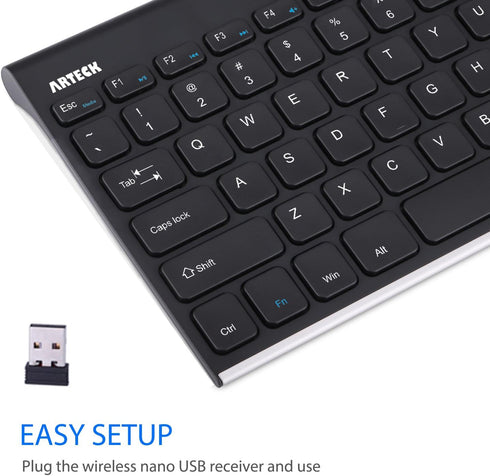 Arteck 2.4G Wireless Keyboard Ultra Slim Stainless Steel for Computer/Desktop/PC/Laptop/Smart TV, Windows 11/10/8/7