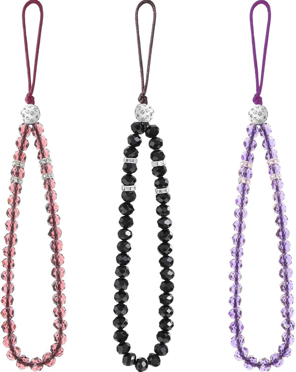 Weewooday 3 Pieces Bling Crystal Beads Cell Phone Lanyard Strap, Hand Wrist Lanyard Strap, Beaded Women's Wristlet