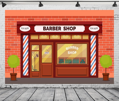 BELECO 5x3ft Fabric Cartoon Barber Shop Backdrop for Photography Red Brick Wall Hair Salon Hairstylist Haircut