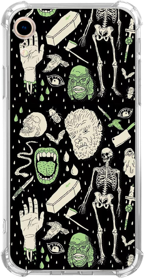 Witchy Skull Art Case for iPhone XR - Aesthetic Dark Green Skeleton Bones TPU Bumper Cover for Teens & Adults.