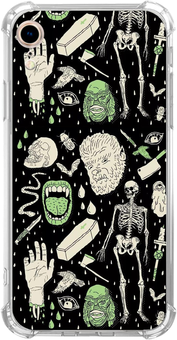 Witchy Skull Art Case for iPhone XR - Aesthetic Dark Green Skeleton Bones TPU Bumper Cover for Teens & Adults.