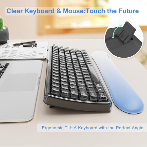 Wireless Transparent Keyboard and Mouse Combo with Soft Wrist Rest, Ergonomic Full-Size with Clear Keycaps, Compatible
