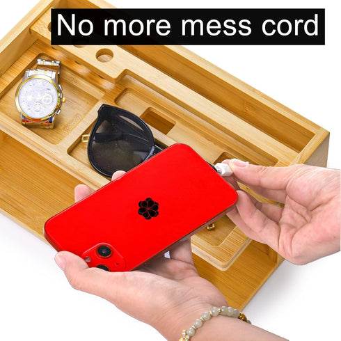 Yopay Nightstand Organizer for Men, Luxury Bamboo Phone Docking Station for Dad Husband, Charging Organizer Cell Phone