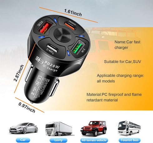 4 Ports Car Fast Charging Charger Cigarette Lighter Adapter, Super Fast Auto Charging Cigarette Lighter Plug with QC 3.0, PD 20W, Type C, 3.1 A, Vehicle Phone Charger for Car SUV(Black) by Augeny