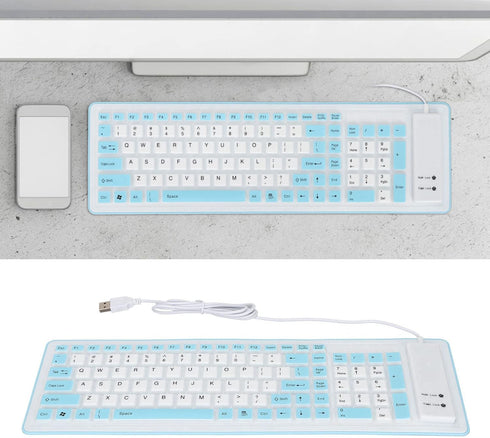 103 Keys Foldable Silicone Keyboard, Wired USB Waterproof Rollup Keyboard for PC Laptops (Blue)