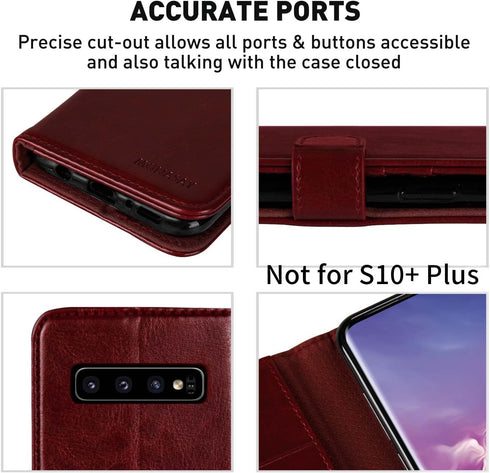MONASAY Wallet Case for Galaxy S10, Burgundy Flip Folio Leather Cover with Screen Protector & RFID Blocking, 6.1 inch