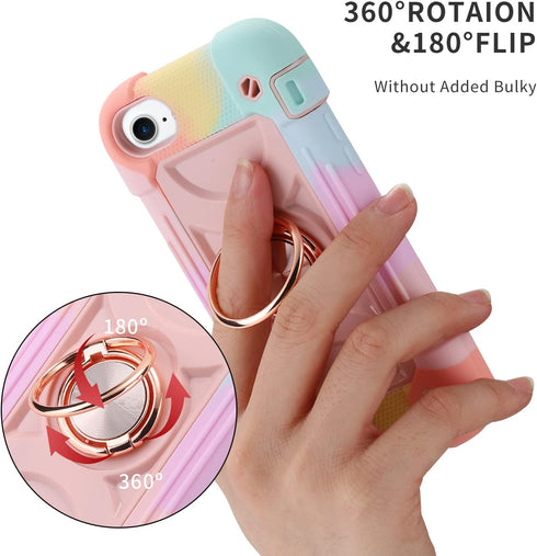MARKILL Heavy-Duty Military Grade Shockproof Case for iPhone SE3/SE2, 6/6S, 7/8 (4.7") - Rainbow Pink with Ring Stand.
