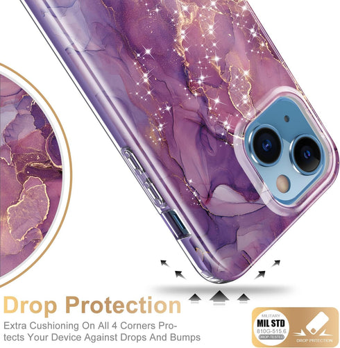 Esdot Rugged Case for iPhone 13 with Built-in Screen Protector, Military Grade, Fashionable Designs, Glitter Purple