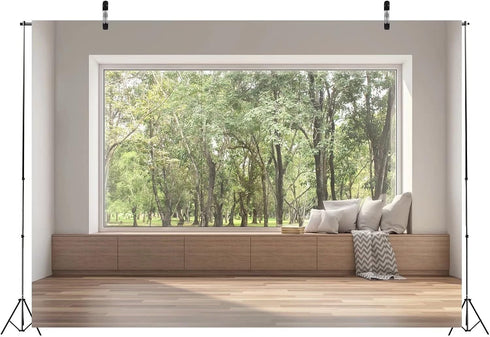 BELECO 9x6ft Fabric Modern Living Room Backdrop House Interior Window Scenery Green Forest Trees Nature Background