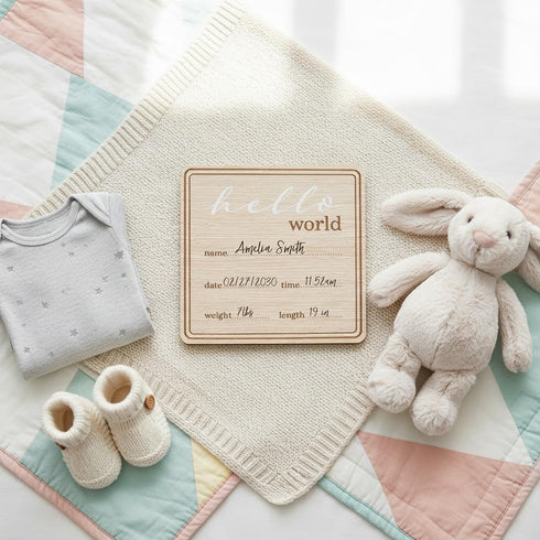 Kate & Milo Wooden Hello World Birth Announcement Photo Prop, Newborn Milestone Sign with Birth Details for Hospital