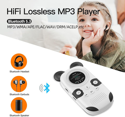 RUIZU 64GB MP3 Player for Kids, Cute Panda Portable Music Player with Bluetooth 5.3, FM Radio, Voice Recorder