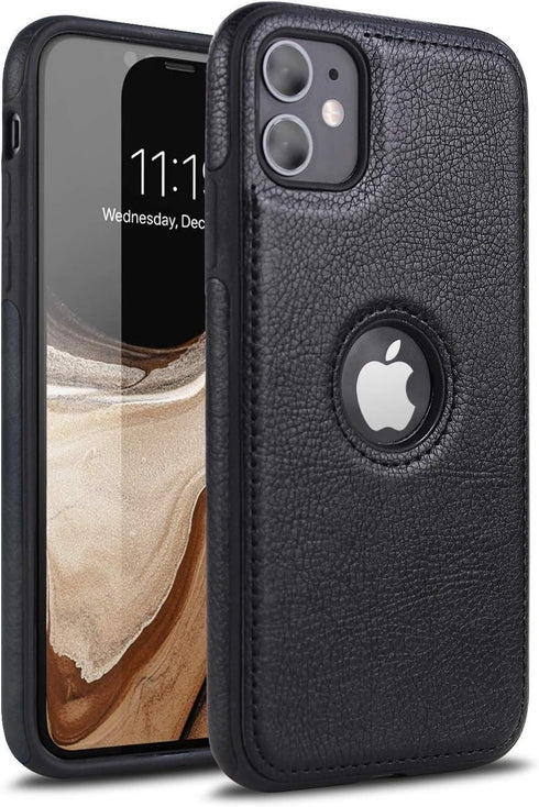Retro Leather Case for iPhone 11 - Anti-Knock Back Cover, Soft TPU Business Shell (Black)