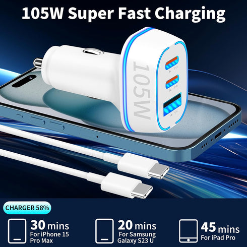 105W USB Car Charger 3-Port for Family Travel, PD 45W & QC3.0 30W Super Fast Charging for Multiple Devices