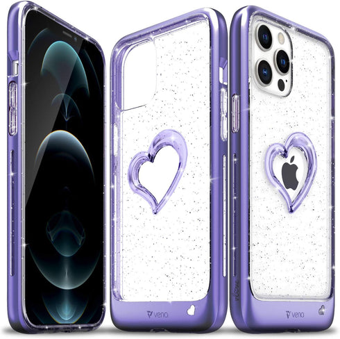 VENA vLove Glitter Clear Case for Apple iPhone 12 Pro Max (6.7"-inch), Heart Shape Dual Layer Slim Hybrid Clear Bumper