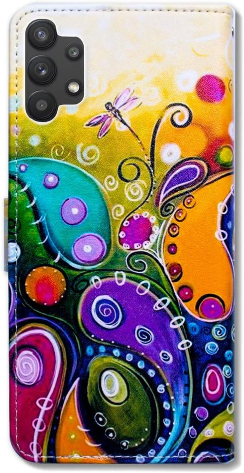 Galaxy A32 5G Case, Colorful Dragonfly Leather Flip Wallet Cover with Card Slot Holder Kickstand for Samsung A32