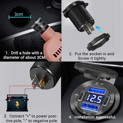 12V USB Outlet, 4 USB Port Aluminum Charger Socket, 2 USB C PD & 2 USB QC3.0 for Car, Boat, Marine, Bus, Truck