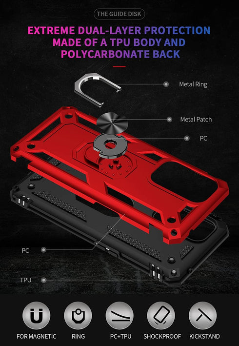 Military Grade Shockproof Case for Oneplus 9 Pro, 360 Metal Rotating Ring Kickstand Holder, Heavy Duty Red