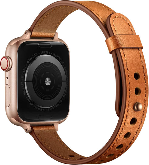 OUHENG Slim Bands for Apple Watch 42mm 41mm 40mm 38mm, Women Genuine Leather Replacement Thin Strap (Brown/Rose Gold)
