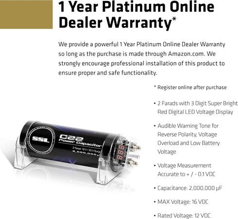 Sound Storm Laboratories C22 Car Audio Capacitor, 2 Farad, Enhance Bass for Amplifier and Subwoofer