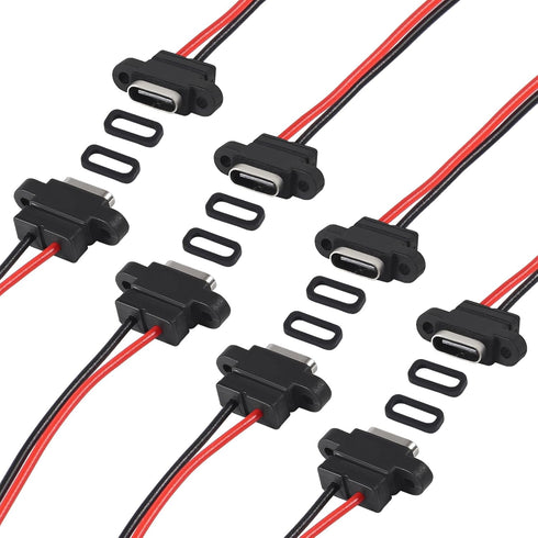 8pcs USB Connector Type-C Female Chassis 2 Pin for DIY, Waterproof USB C Pigtail Cable Extension