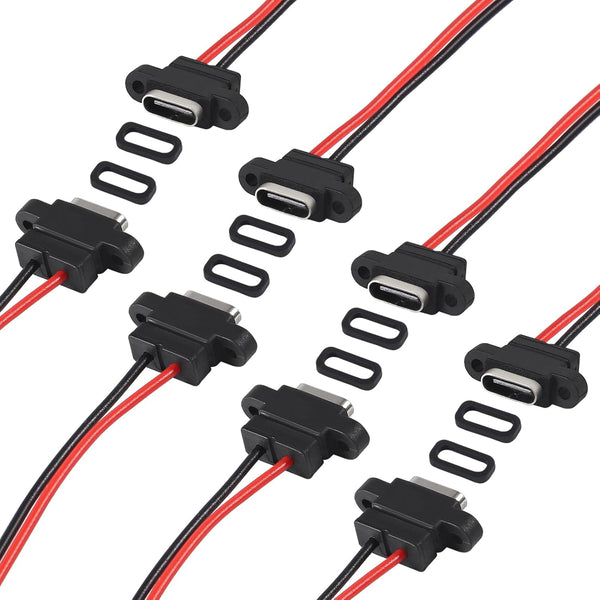 8pcs USB Connector Type-C Female Chassis 2 Pin for DIY, Waterproof USB C Pigtail Cable Extension